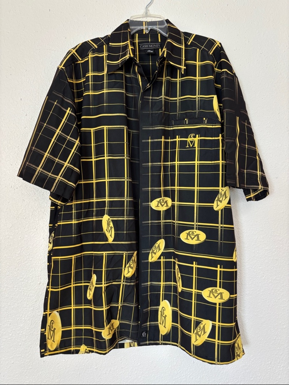 Cash Money Black & Yellow Logo Print Short-Sleeve Button-Down Long Shirt